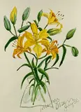 Vase of yellow lilies by Marion Olsen, watercolour, offered Feb 2026