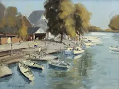 Boats at Chester' and dated 1977 on label verso by James Longueville, 1977, oil on board, sold Jan 2026