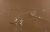 Large chalk sketch - two children running along a beach by Anwen Roberts, 2006, print (other), sold Jan 2026