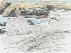 Anglesey Cliff Study' on Ffin Y Parc Gallery label, 18 x 24cmsProvenance: private collection ConwyComments: framed and glazed by Donald McIntyre, pencil and crayon on paper, sold Jan 2026