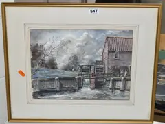 A river landscape with water wheel by Cecil J Thornton, watercolour on paper, sold Jun 2024
