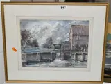 A river landscape with water wheel by Cecil J Thornton, watercolour on paper, sold Jun 2024
