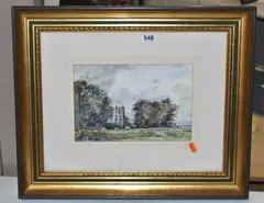 A landscape with church by Cecil J Thornton, watercolour on paper, sold Jun 2024