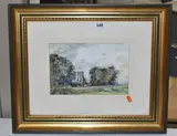 A landscape with church by Cecil J Thornton, watercolour on paper, sold Jun 2024