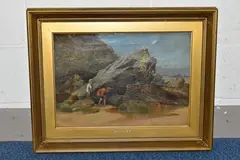 A rocky coastal landscape with figures by William Collins, oil on canvas, sold May 2024