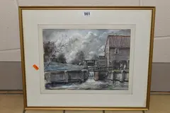 A river landscape with water wheel by Cecil J Thornton, watercolour on paper, offered May 2024