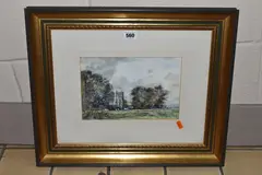 A landscape with church by Cecil J Thornton, watercolour on paper, offered May 2024