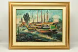 Fishing boats by Hasan Djaafar, oil on canvas, sold May 2024