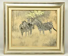 Zebra and yellow thorn by Ted Hoefsloot, oil on canvas board, sold May 2024