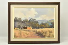 A south african landscape with dwelling by Ted Hoefsloot, oil on canvas board, sold May 2024
