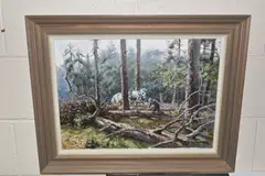 A woodland landscape with heavy horses by Rosemary Sarah Welch, oil on canvas, sold Apr 2024