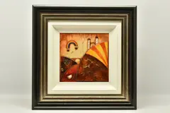 A stylised landscape by Kerry Darlington, mixed media on board, sold Apr 2024