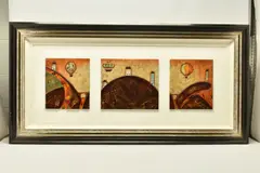 A triptych fantasy landscape by Kerry Darlington, mixed media on board, sold Apr 2024