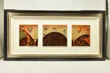 A triptych fantasy landscape by Kerry Darlington, mixed media on board, sold Apr 2024
