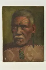 A portrait of a male maori figure by Vera Cummings, oil on canvas, sold Mar 2024