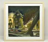 View of theatre royal at night by Peter Collins, oil on board, offered Feb 2024