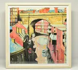 Under the arch to the quayside by Peter Collins, mixed media on canvas board, offered Feb 2024