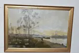 An industrial waterway scene by Ernest R. Fox, oil on canvas, sold Jan 2024