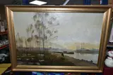 An industrial waterway scene by Ernest R. Fox, oil on canvas, offered Dec 2023