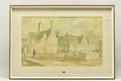St ANDREWS CHURCH, COTTAGES AND SCHOOL by John Verney, 1968, ink and watercolour on paper, offered Nov 2023