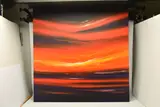A dramatic sunset over water by Jonathan Shaw, oil, sold Nov 2023