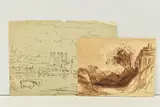 A landscape study with buildings by John Varley, ink, sold Nov 2023