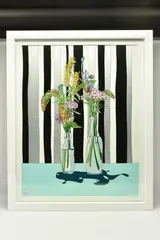 Flowers on striped wallpaper by Dylan Izaak, acrylic, sold Nov 2023