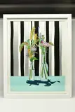Flowers on striped wallpaper by Dylan Izaak, acrylic, sold Nov 2023