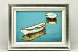 'DEAD FLAT CALM', a limited edition print on board depicting dinghies by Rolf Harris, print on board, sold Nov 2023
