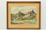 Cottages with horse and cart by Rowland Henry Hill, 1942, watercolour on paper, sold Oct 2023