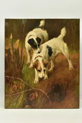 The dogs are above a rabbit by Arthur Wardle, 1901, oil, sold Oct 2023