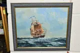 A square rigged ship under sail in choppy seas by John D. Roberts, oil on board, sold Oct 2023