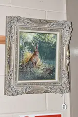 A hare and hedgehog in a natural setting by David Feather, oil on canvas, sold Oct 2023