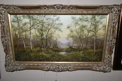 The clearing, thetford forest by James Wright, oil on canvas, sold Oct 2023