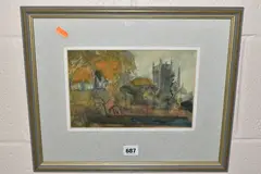 Hereford cathedral by Gwilym Pritchard, mixed media on paper, sold Oct 2023