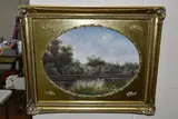 A modern 19th century style river landscape by Johnny Gaston, oil on wood, sold Oct 2023