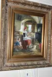 A modern interior genre style scene by Johnny Gaston, 1989, oil on wood, sold Oct 2023