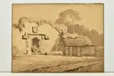 Dilapidated buildings on a lane by Samuel Prout, ink, sold Oct 2023