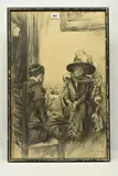A man and woman in conversation by George Cecil Wilmshurst, charcoal on paper, sold Oct 2023