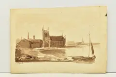A loose sketch depicting a dinghy with church beyond by John Laporte, ink, sold Oct 2023