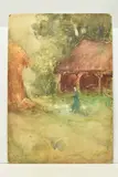 Barn and haystack by George Clausen, watercolour on board, sold Oct 2023