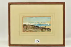 A landscape study with snow capped mountains by Hercules Brabazon Brabazon, watercolour on paper, sold Oct 2023