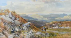 Mountainous landscape with figures picnicking by a river Signed by James Burrell Smith, Pencil and watercolour heightened with white, gum arabic and scratching out, sold Mar 2024