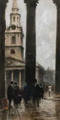 Figures under the portico of the National Gallery by William Walcot, Watercolour, bodycolour and gum arabic, sold Mar 2024