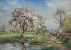 A woman feeding chickens and ducks by a pond Signed JHerbert by James Herbert Snell, Oil on canvas, sold Dec 2023