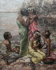 Burmese girls on the banks of the Irrawaddy Signed and by Edward Atkinson Hornel, Oil on canvas, sold Dec 2023