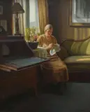 An interior with a woman sewing Signed S Vermehren by Sophus Vermehren, Oil on canvas, sold Dec 2023