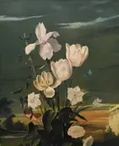 Flowers and butterflies in a landscape Signed Giles Farquharson by Leslie Roy Hobdell, Oil on board, sold Dec 2023