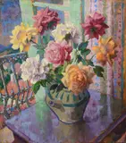 Still life of roses Signed Greenwood by Orlando Greenwood, Oil on canvas, sold Dec 2023