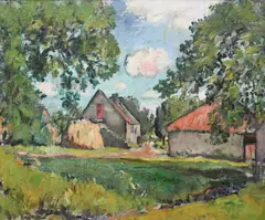 The Mill Dam by George Leslie Hunter, Oil on canvas, with a portrait of Tom Honeyman, sold Dec 2023
